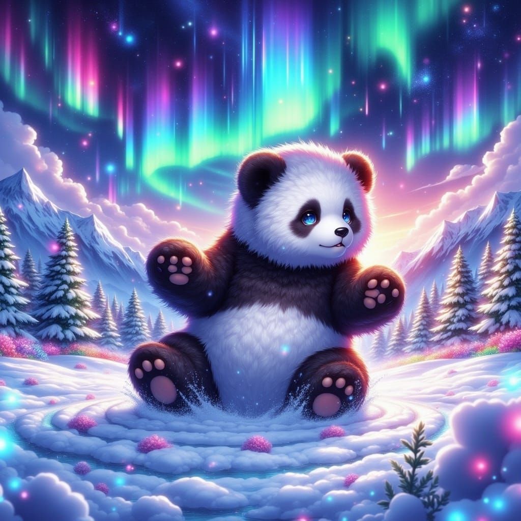 Digital Cosmic Panda Dances Under Vibrant Aurora