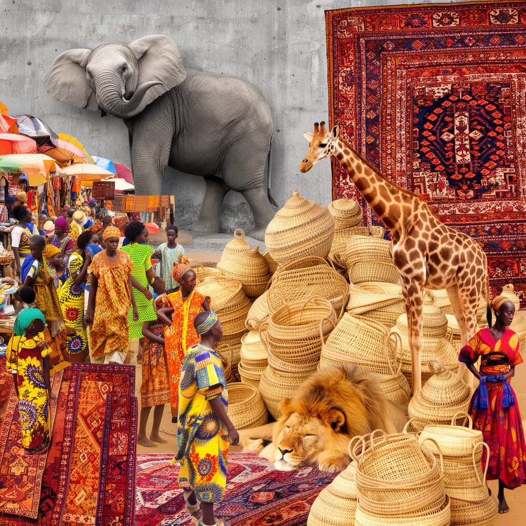 Circus Animals Hidden in African Bazaar Collage Style