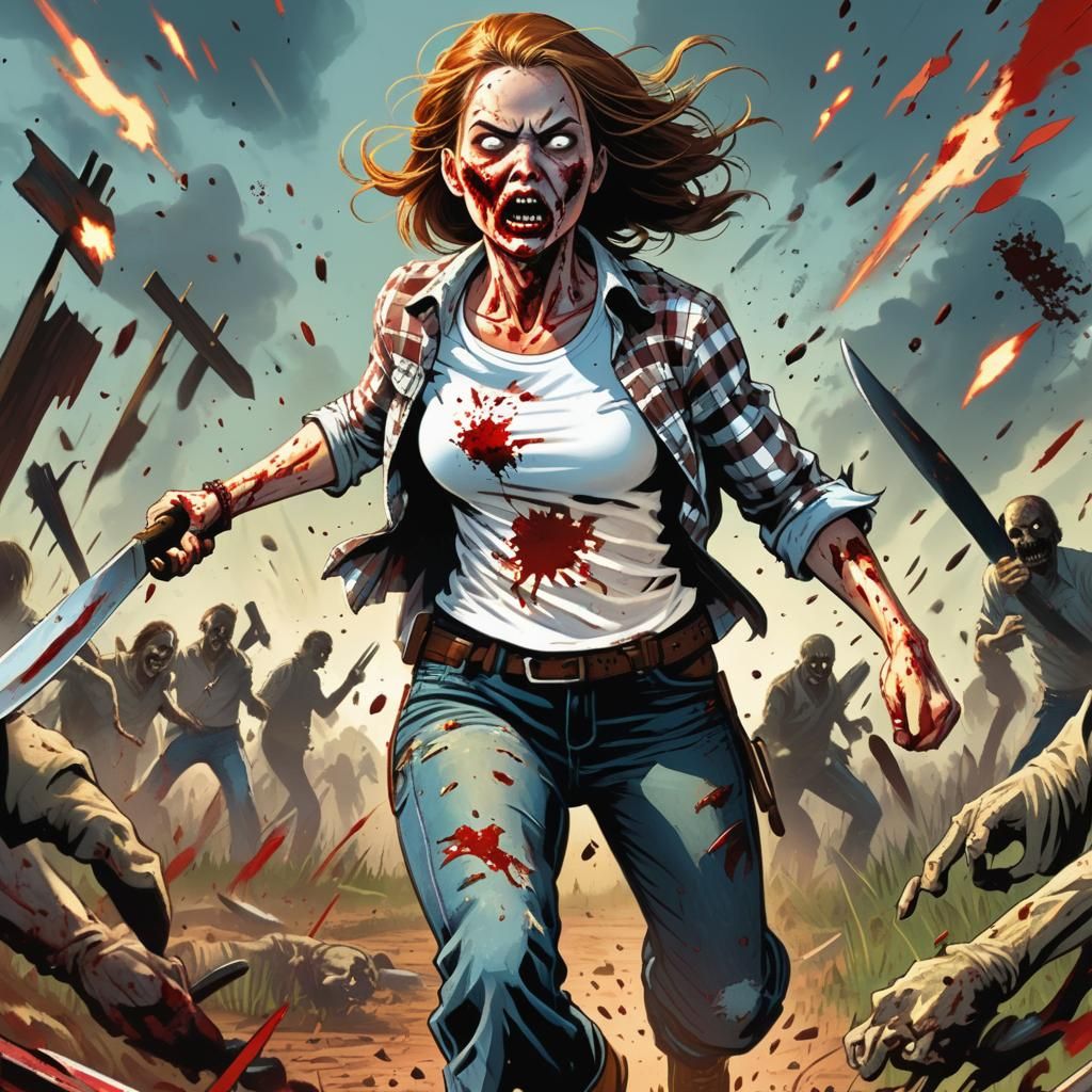 Woman with Machete Running from Zombies in Comic Art