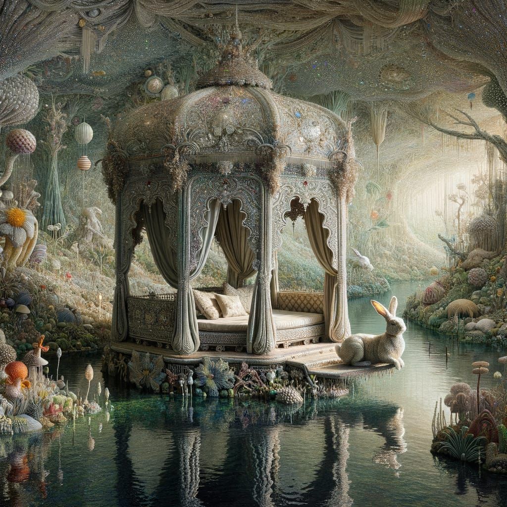 Ornate Pavilion with Rabbit in Romantic Landscape