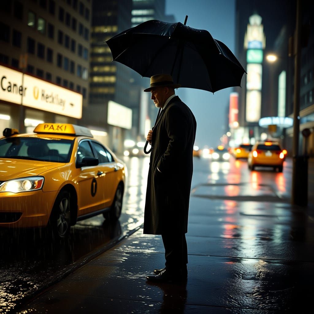Rainy Night Taxi Scene in Moody Film Noir Style