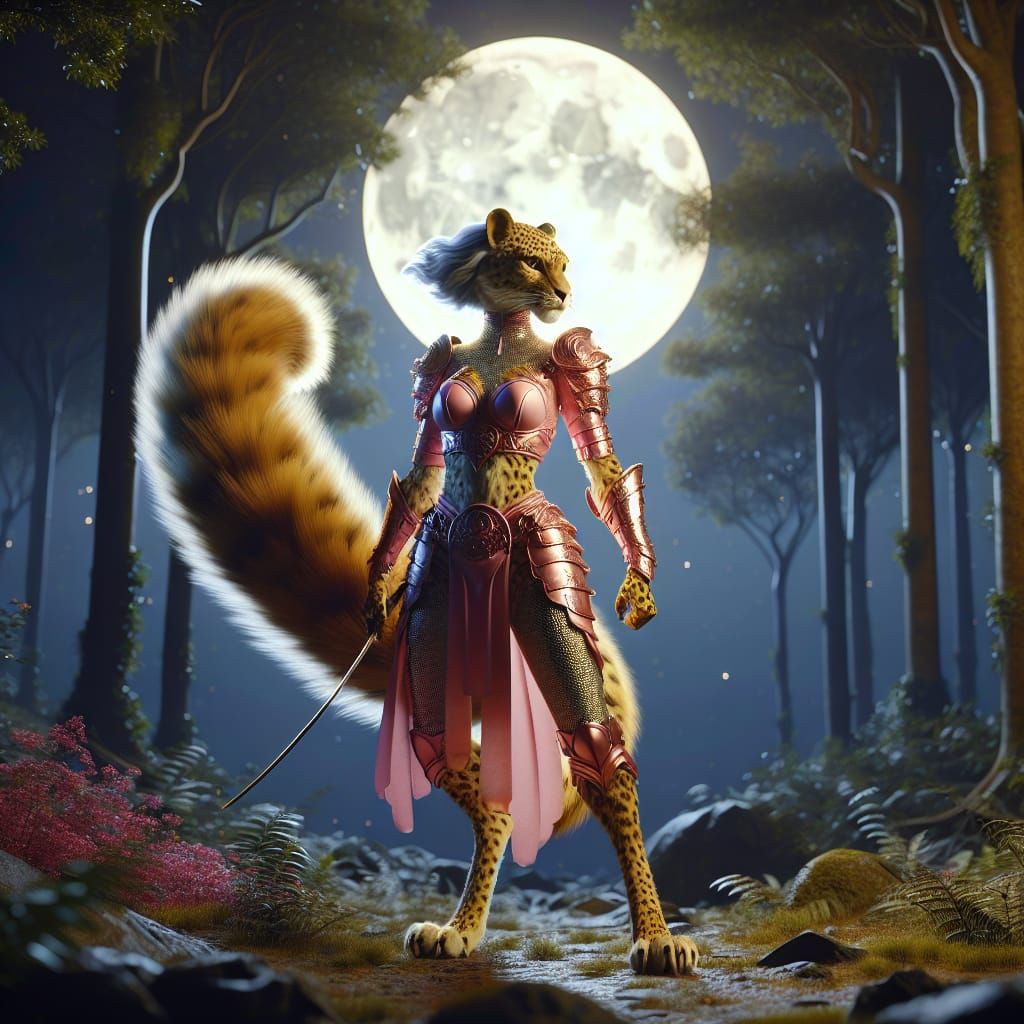 Anthropomorphic Leopard in Pink Armor, Fantasy Concept Art
