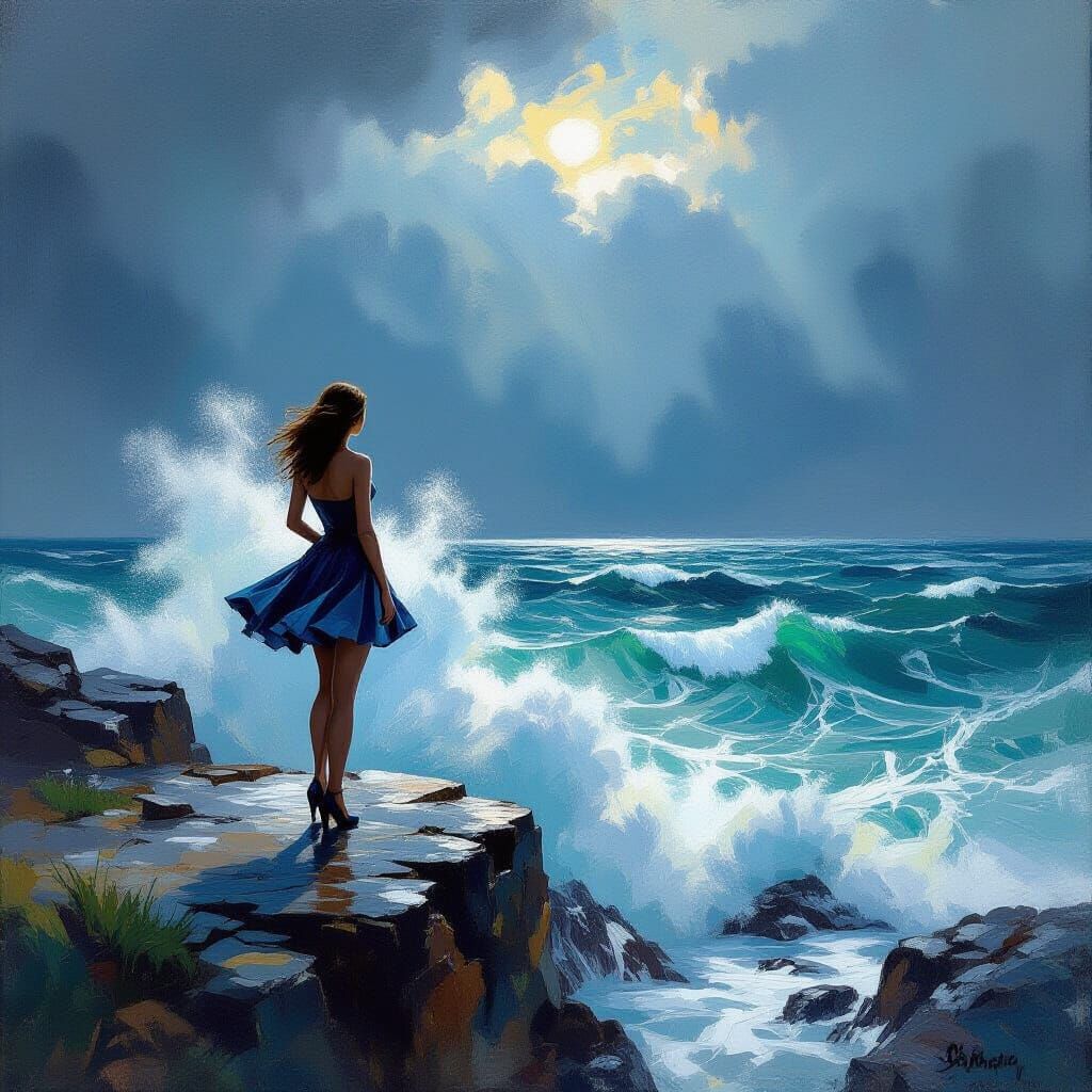 Woman on Cliff Overlooking Stormy Sea in Impressionist Style