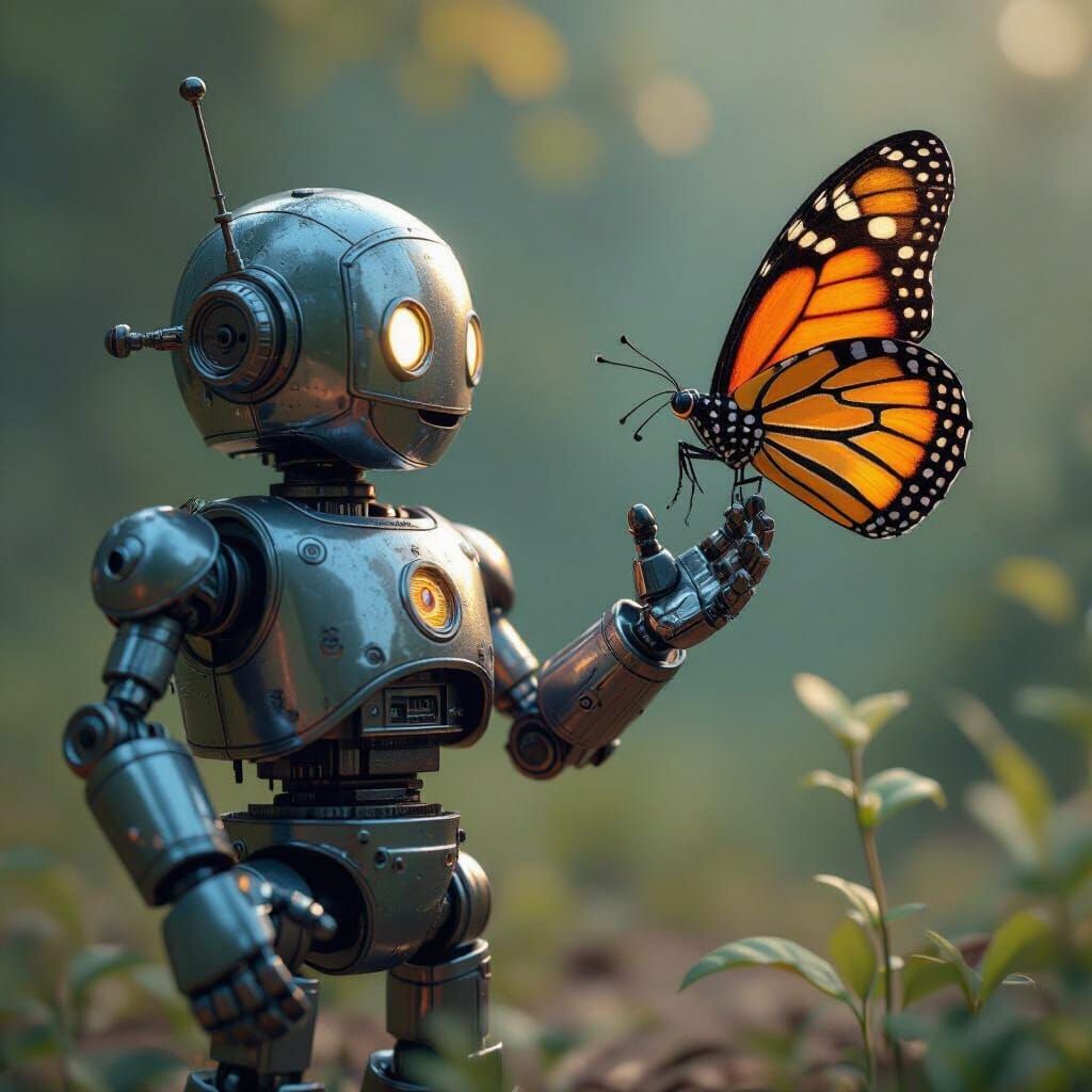 Vintage Tin Robot Meets Butterfly, Detailed Sci-Fi Art