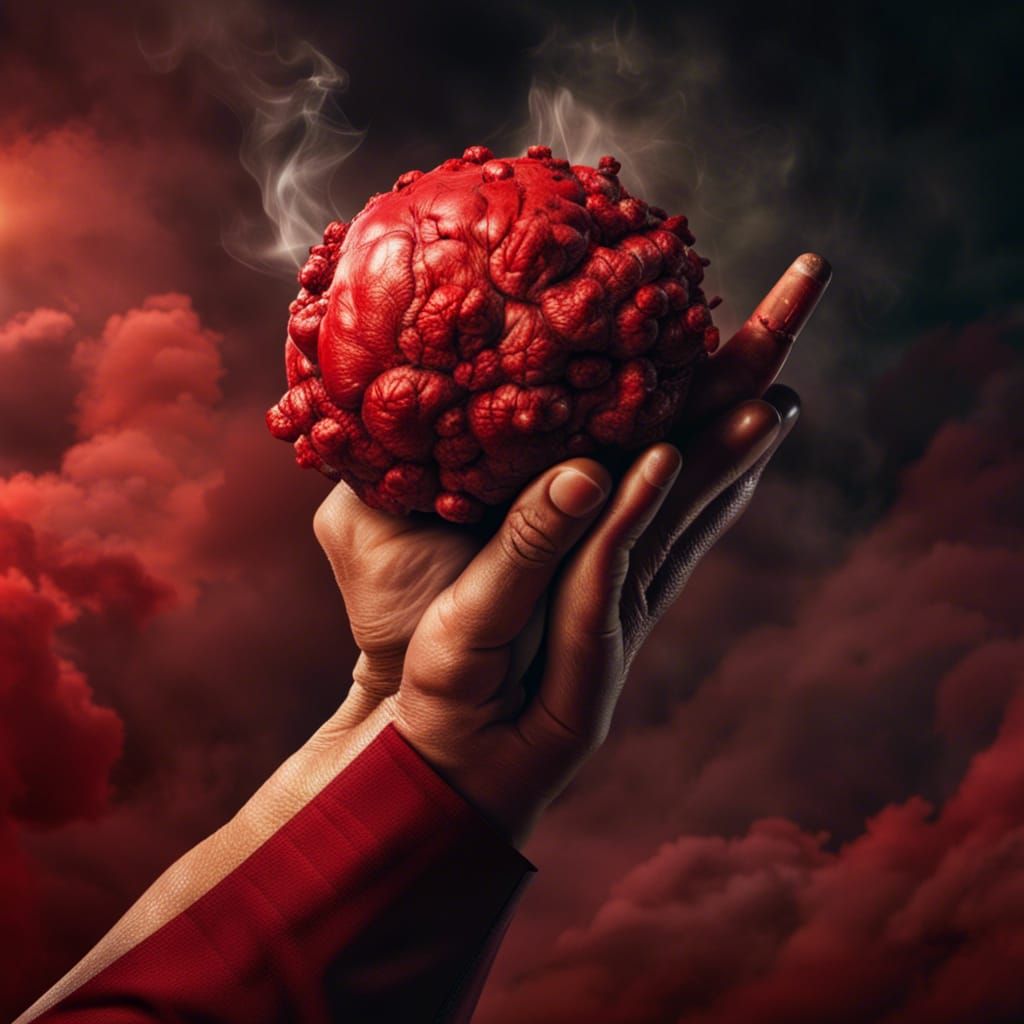 Bomb Cigarette in Giant Red Hand: Hyperrealistic Image