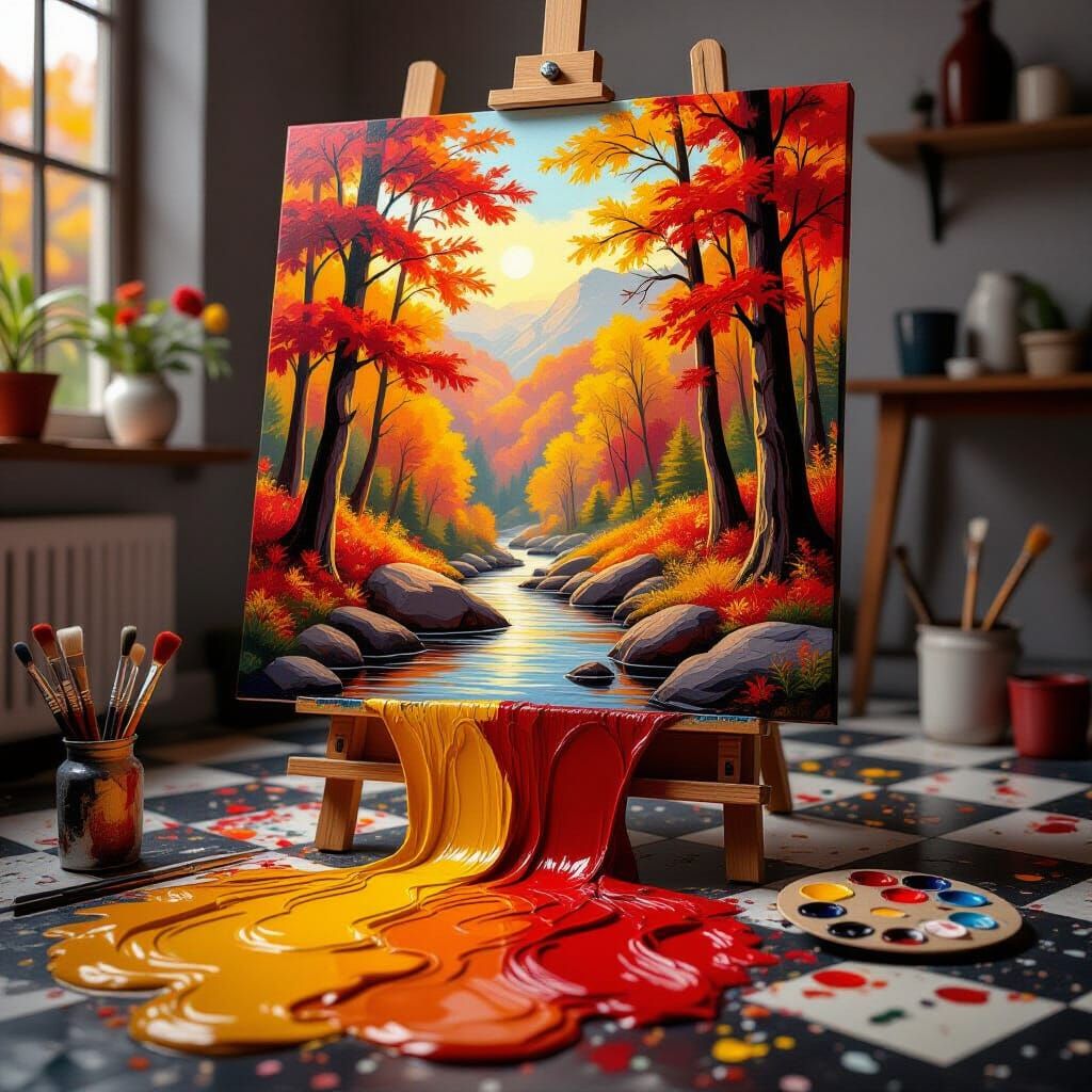 Autumn Forest Oil Painting with Surreal Studio Floor