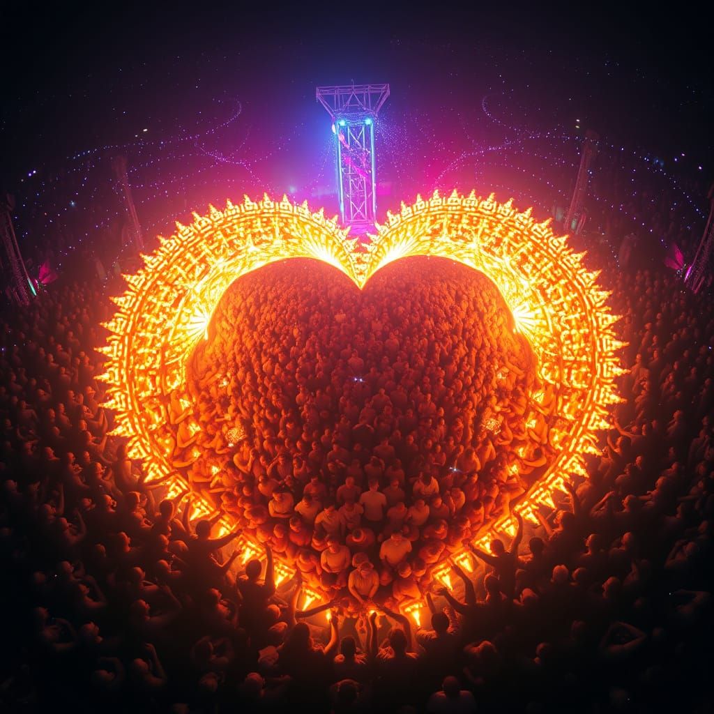 Glowing Festival Crowd Forms Heart in Surreal Aerial View
