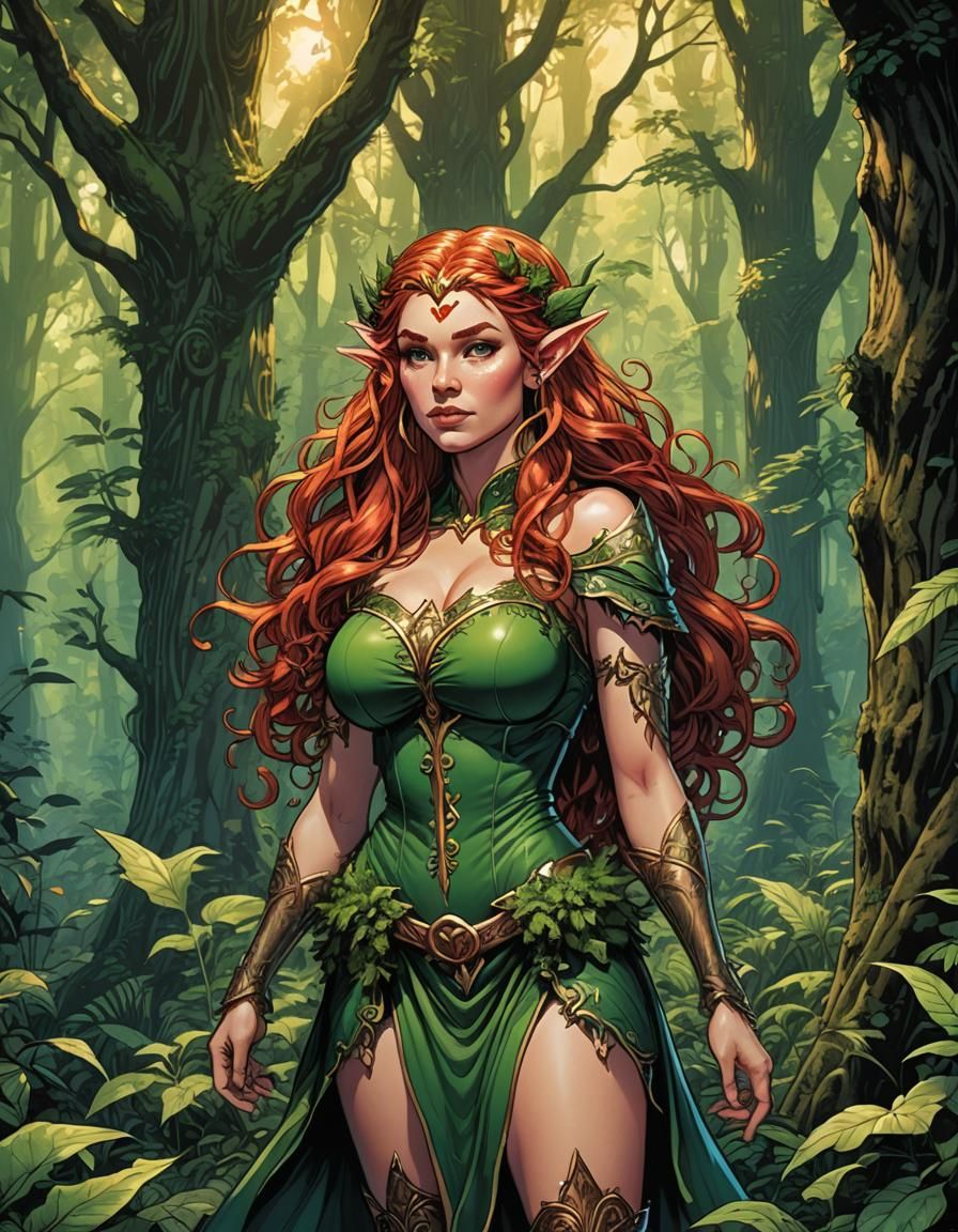 Voluptuous Elf in Lush Forest: Comic Book Art