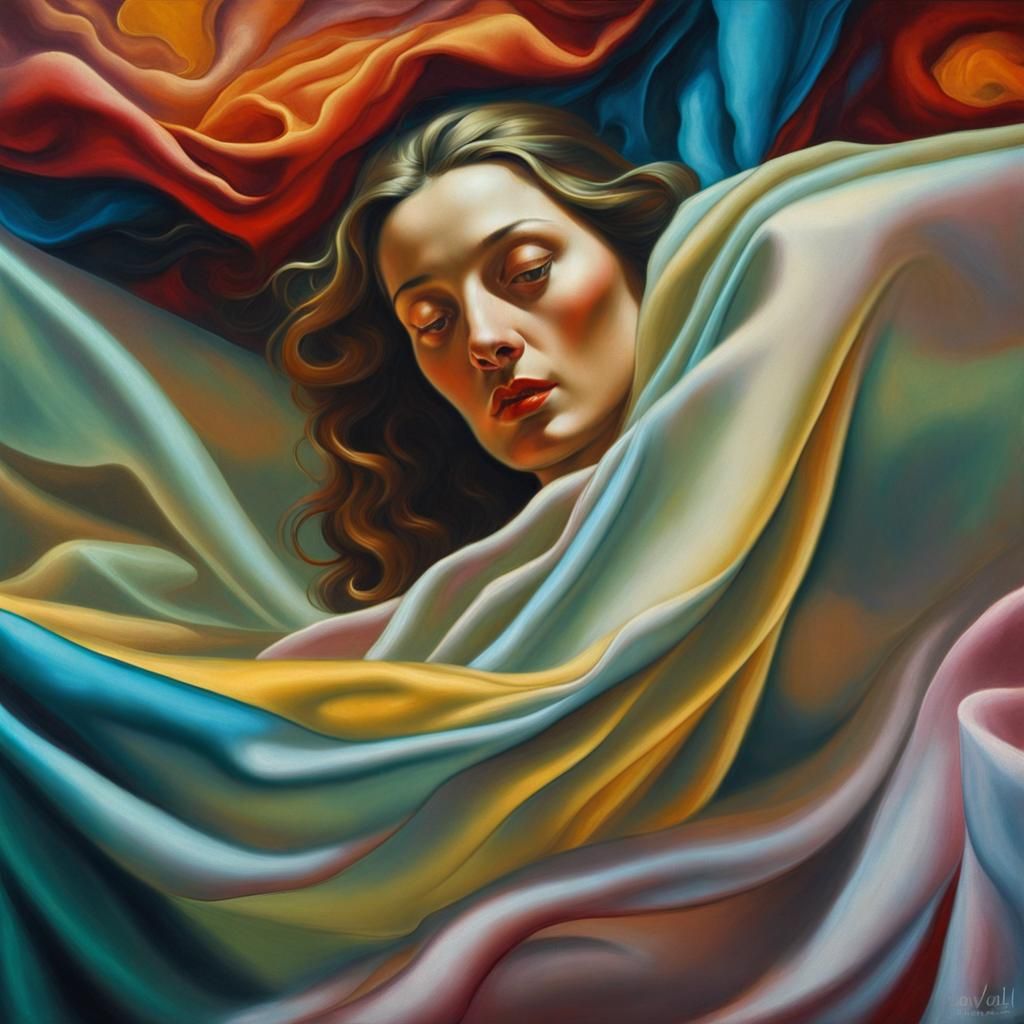 Surreal Woman in Flowing Fabrics: Oil Painting