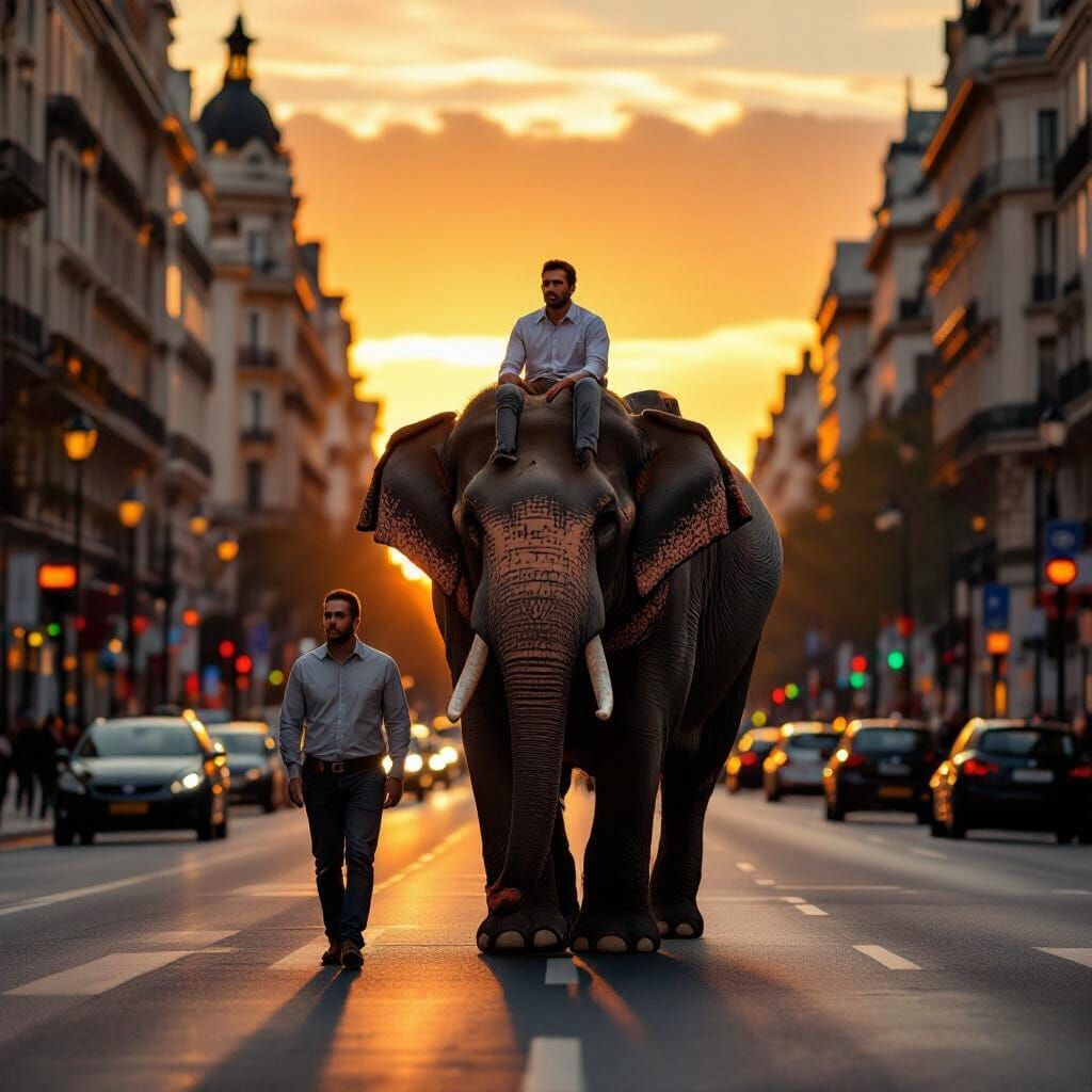 Man Rides Elephant on Madrid Street at Sunset