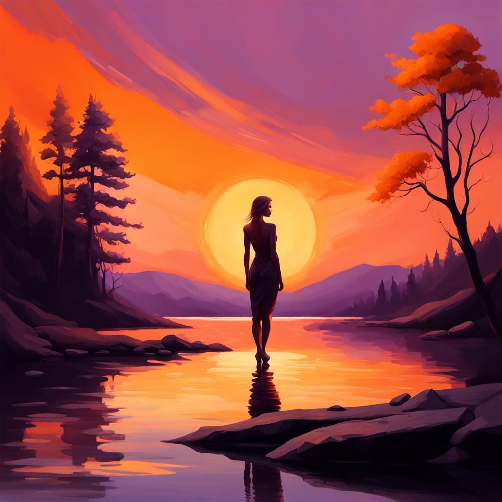 Female Figure at Sunset: Minimalist Digital Oil Painting