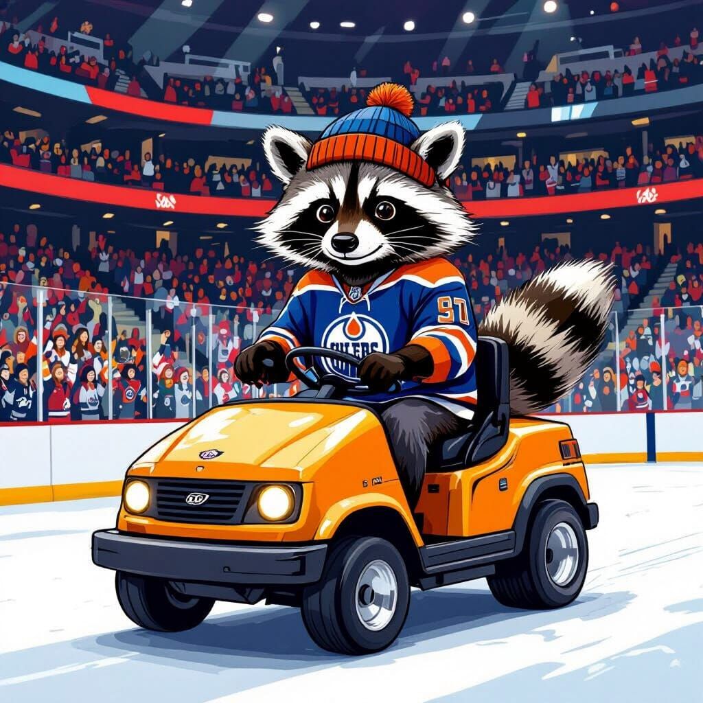 Raccoon Driving Zamboni in Oilers Jersey