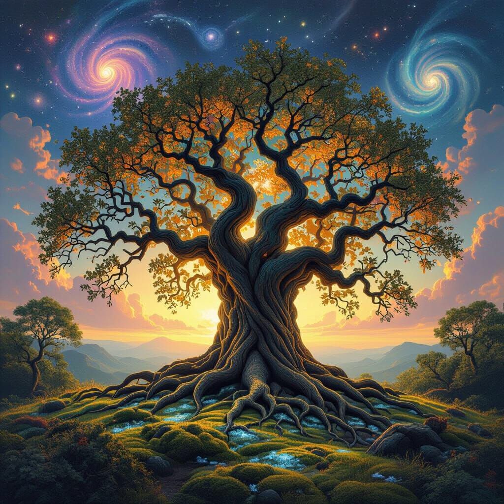 Ancient Oak Tree Under Nebula Sky in Surreal Style