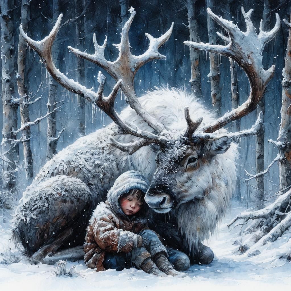 A large reindeer shelters a child from the snowstorm