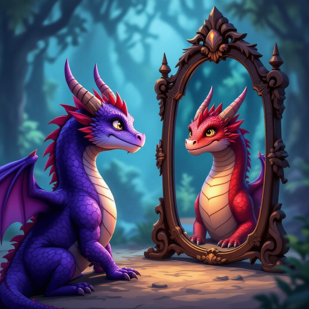 Purple Dragon Sees Red Dragon Reflection in Mirror