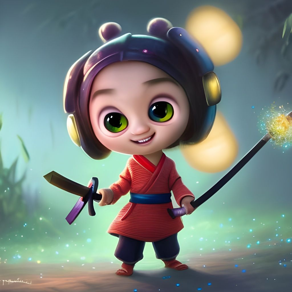 Pixar Style Cute Baby Samurai with Sword