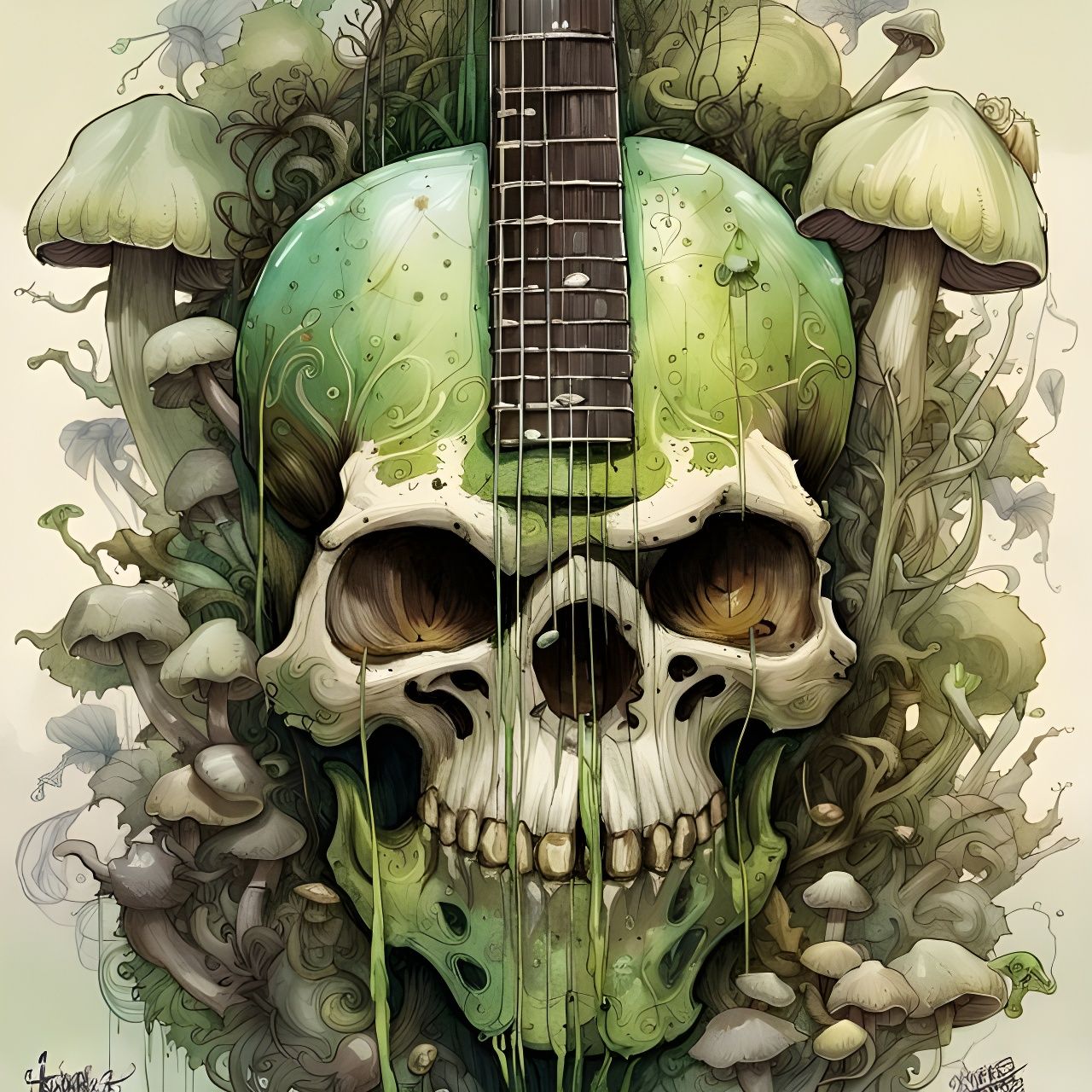 Biopunk Electric Green Skull Guitar Art
