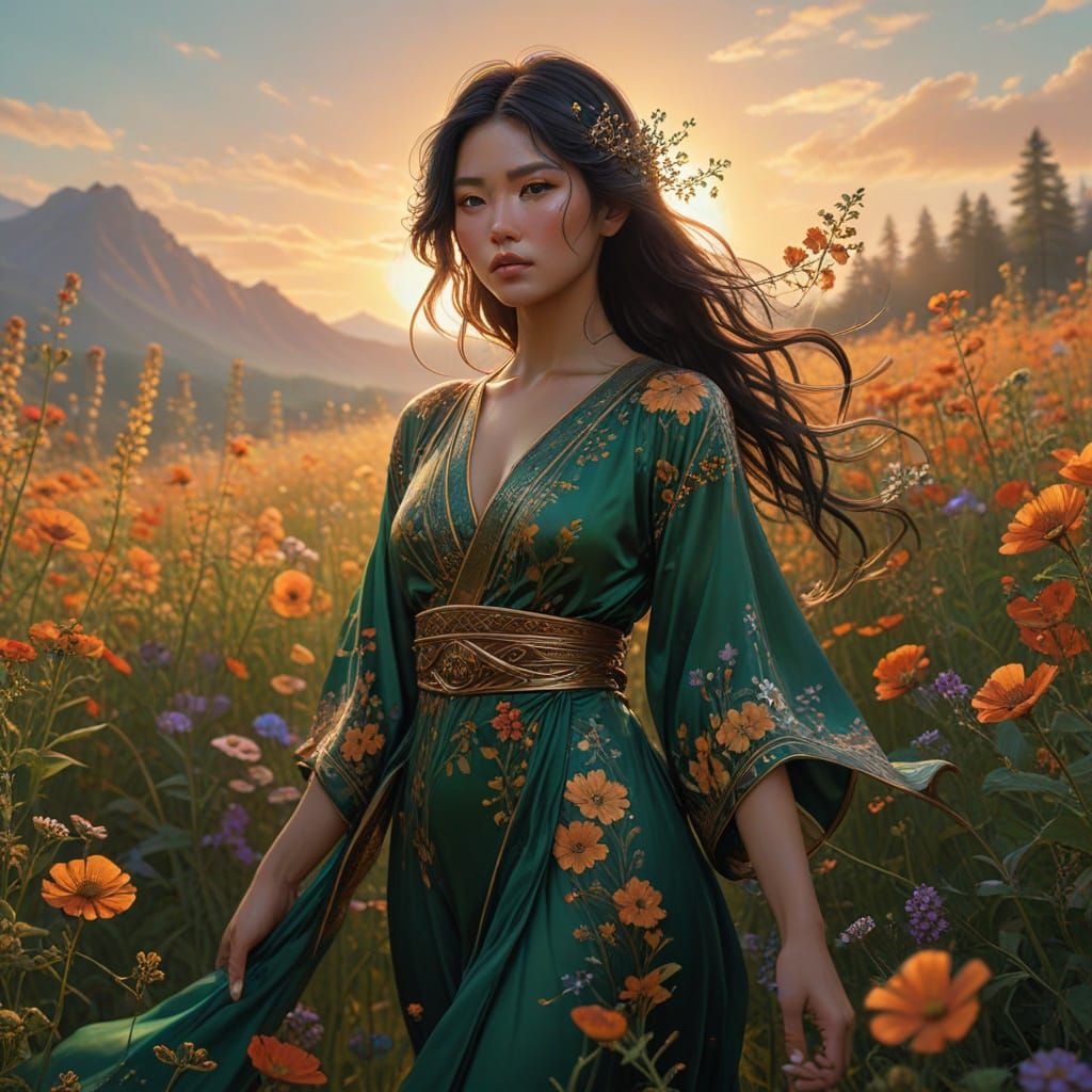 Japanese Woman in Wildflower Field at Dawn