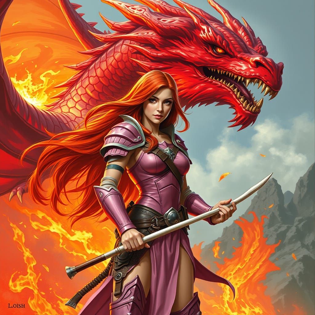 Woman with Red Dragon in Fantasy Art Style