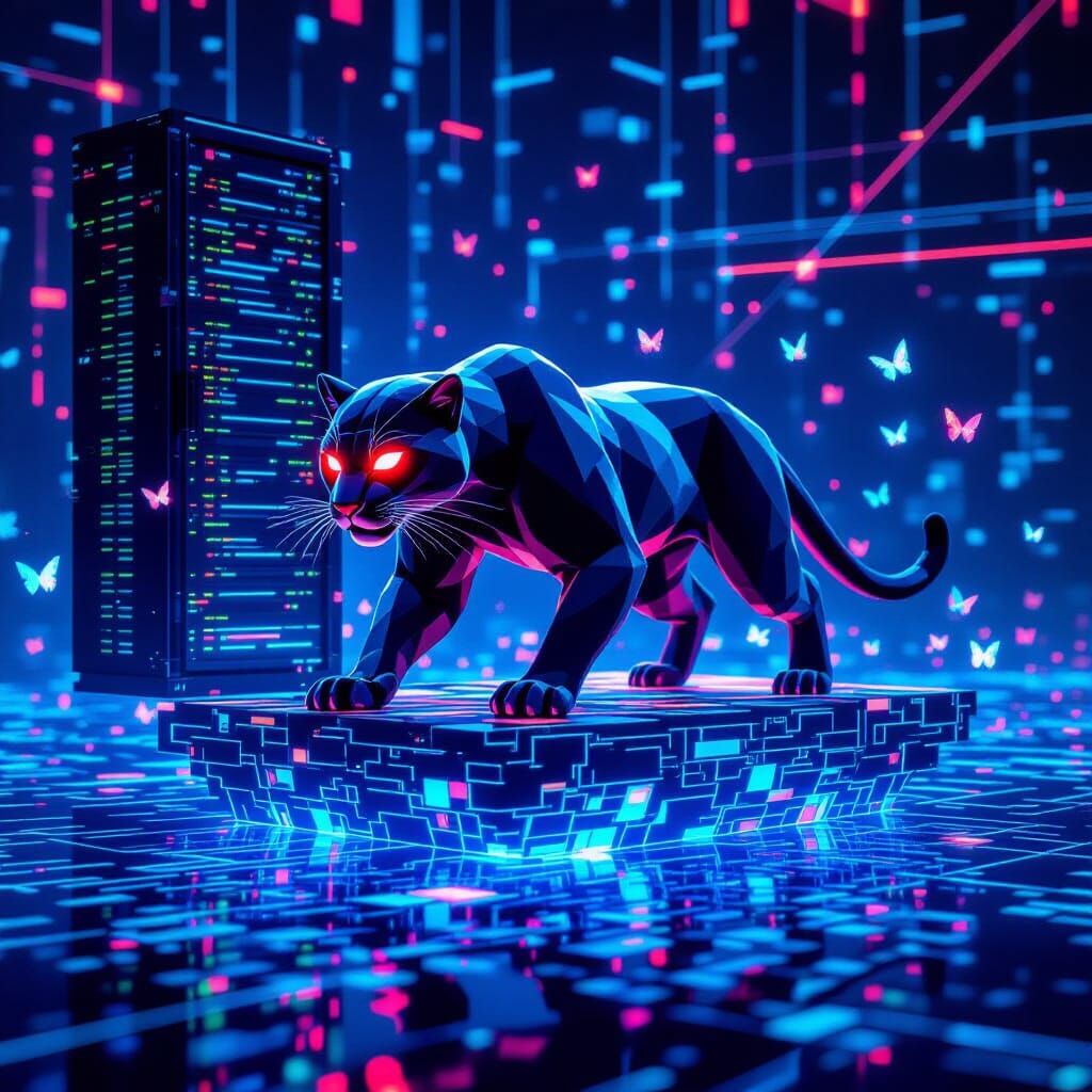 Low-Poly Panther Pounces in Digital Glitch Landscape