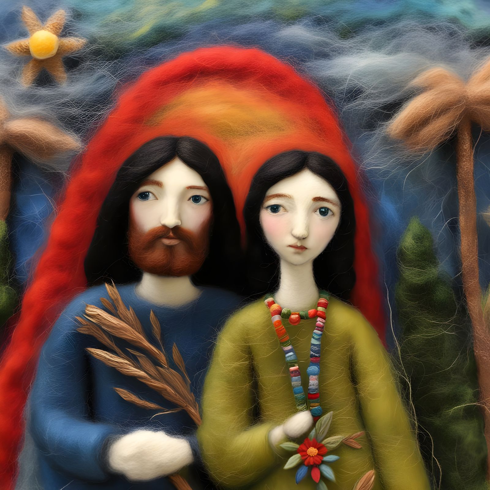 Needle-felted Jesus and Mary Magdalene Close-up