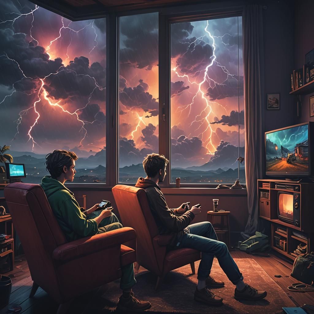 Cozy Gaming Night During a Storm: Fantasy Art