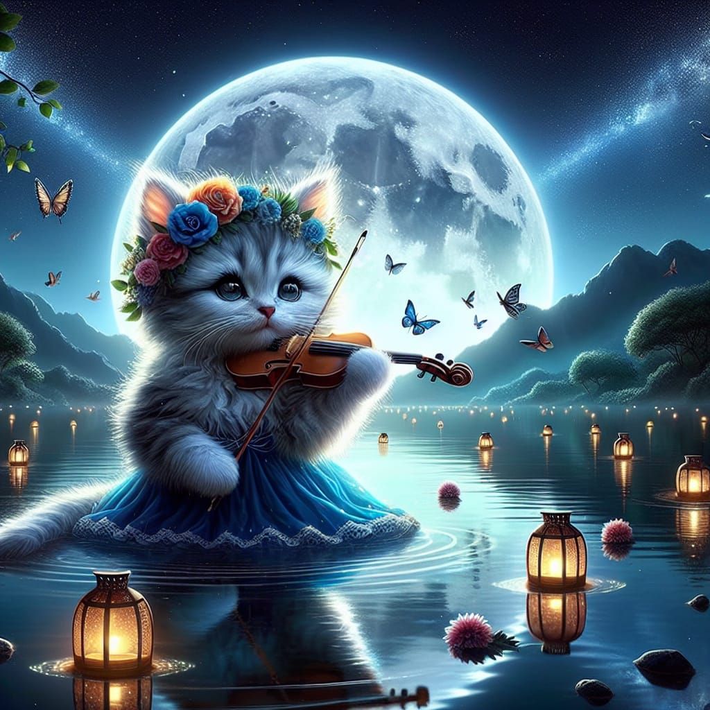 Whimsical Kitten Serenade Beneath a Full Moon