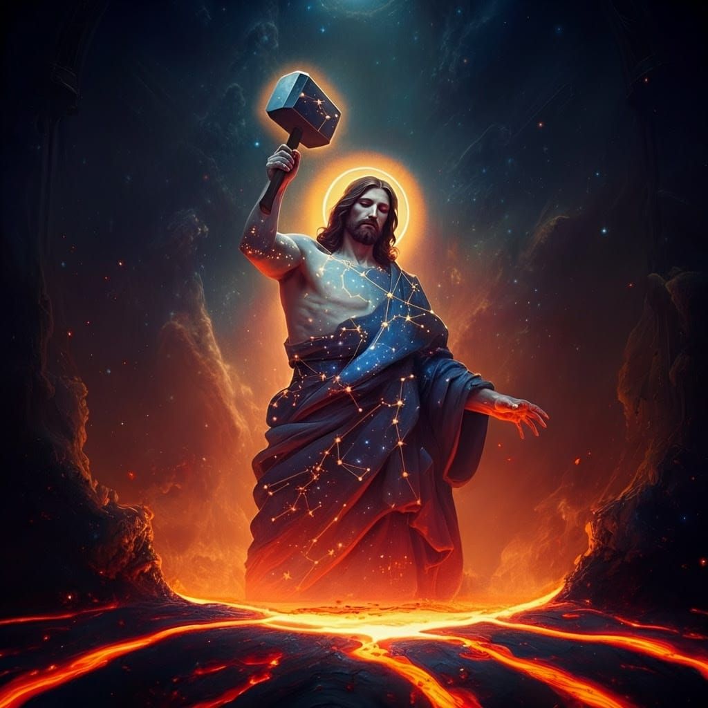 Cosmic Blacksmith Forging Stars in Nebula, Fantasy Art