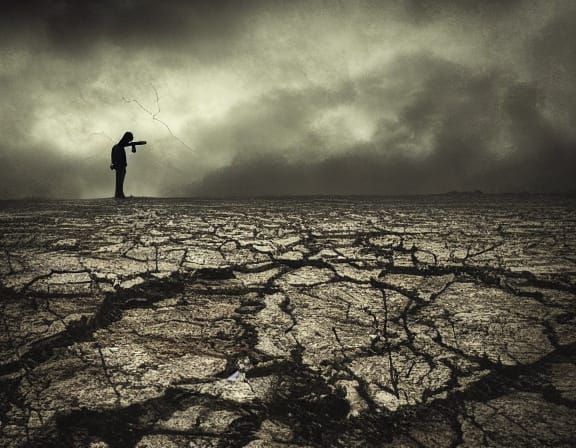 Desolate Figure in Cracked Earth Landscape