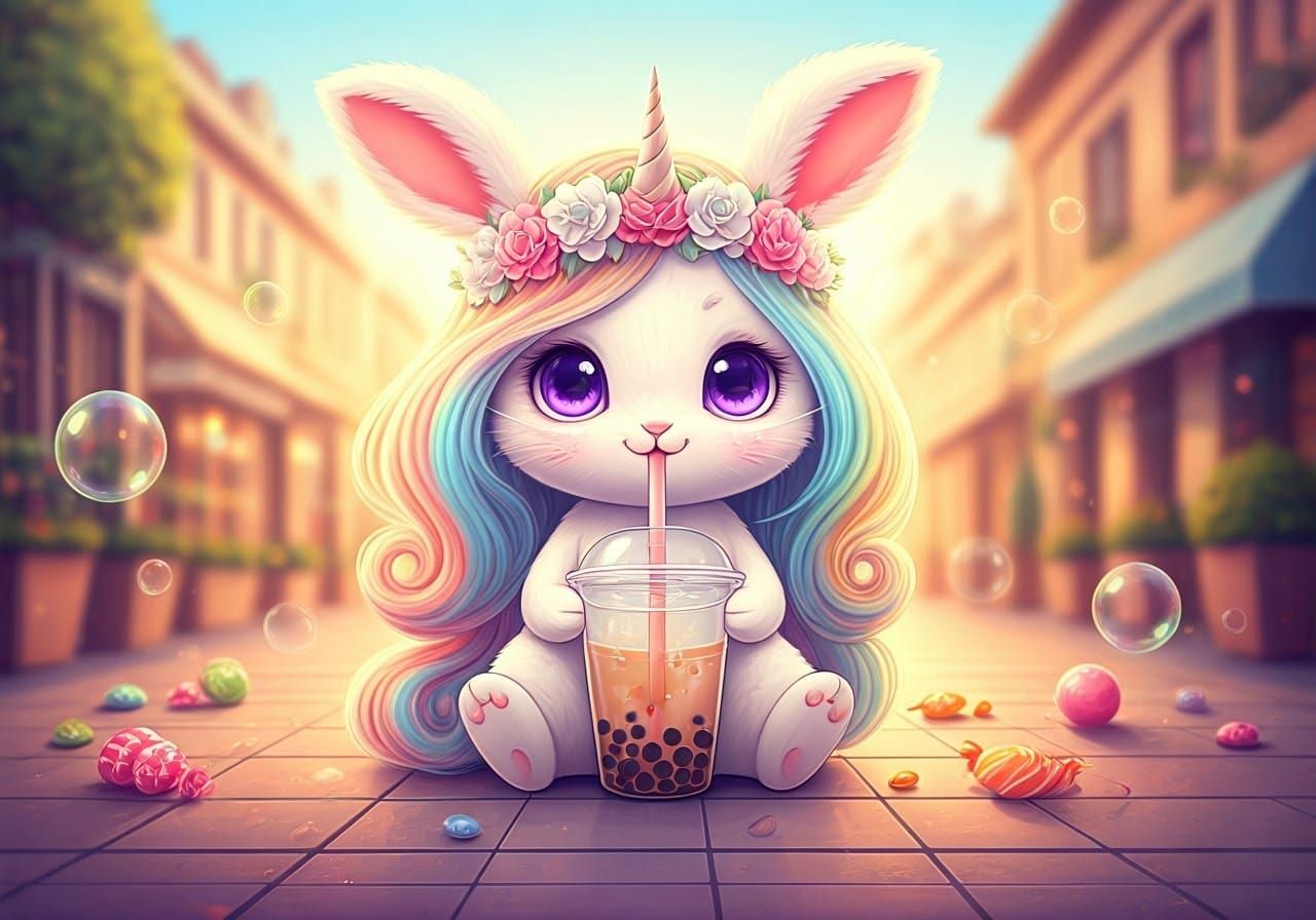 Pastel Kawaii Unicorn Rabbit with Bubble Tea