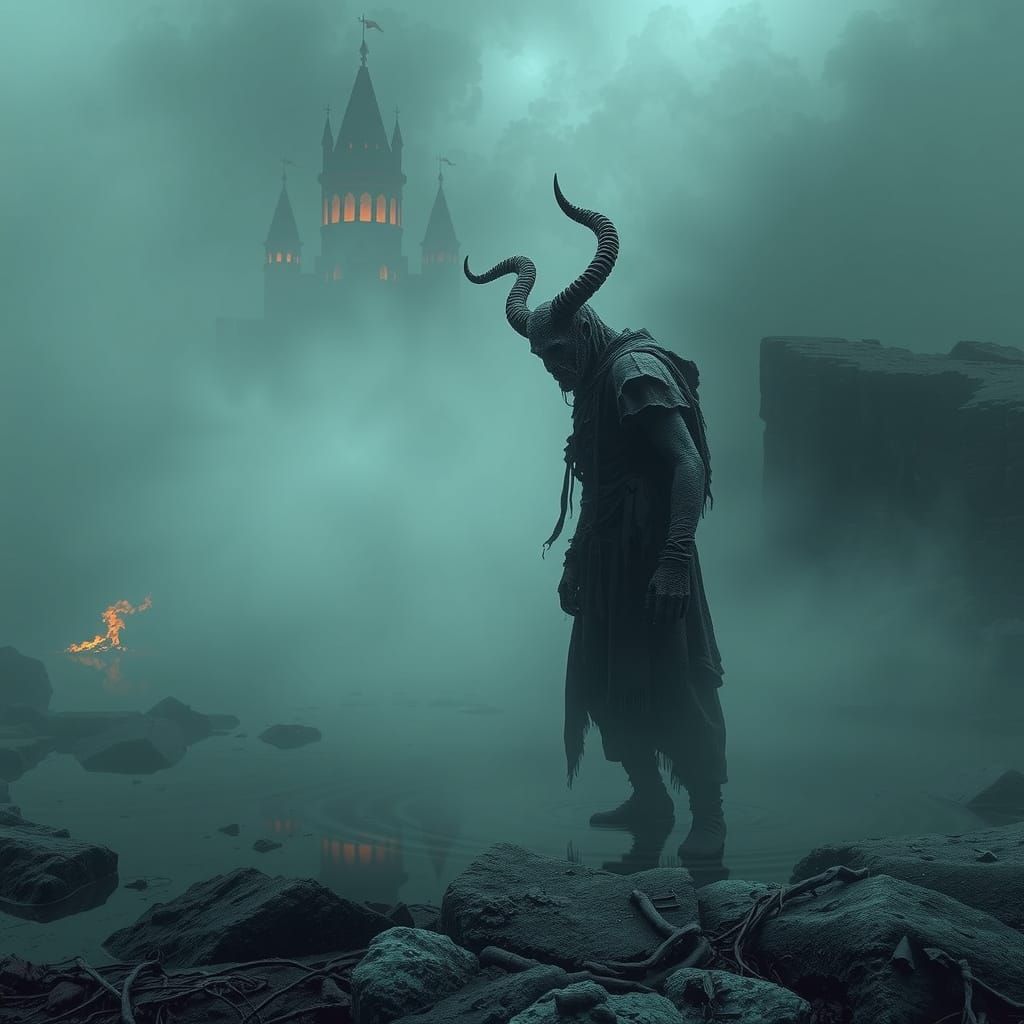 Gothic Horned Figure Rises from Murky Depths