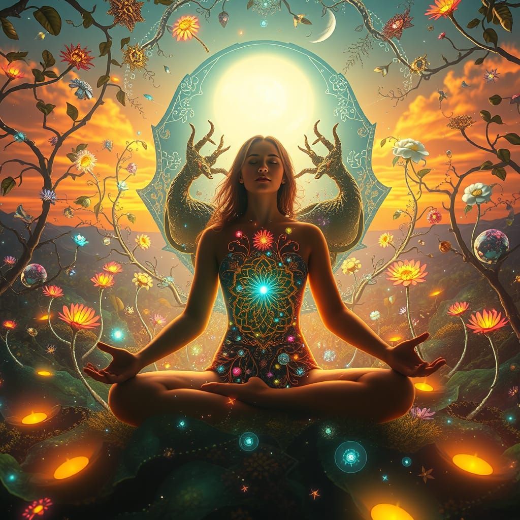 Mystical Woman Meditating in a Dreamlike Labyrinth of Light