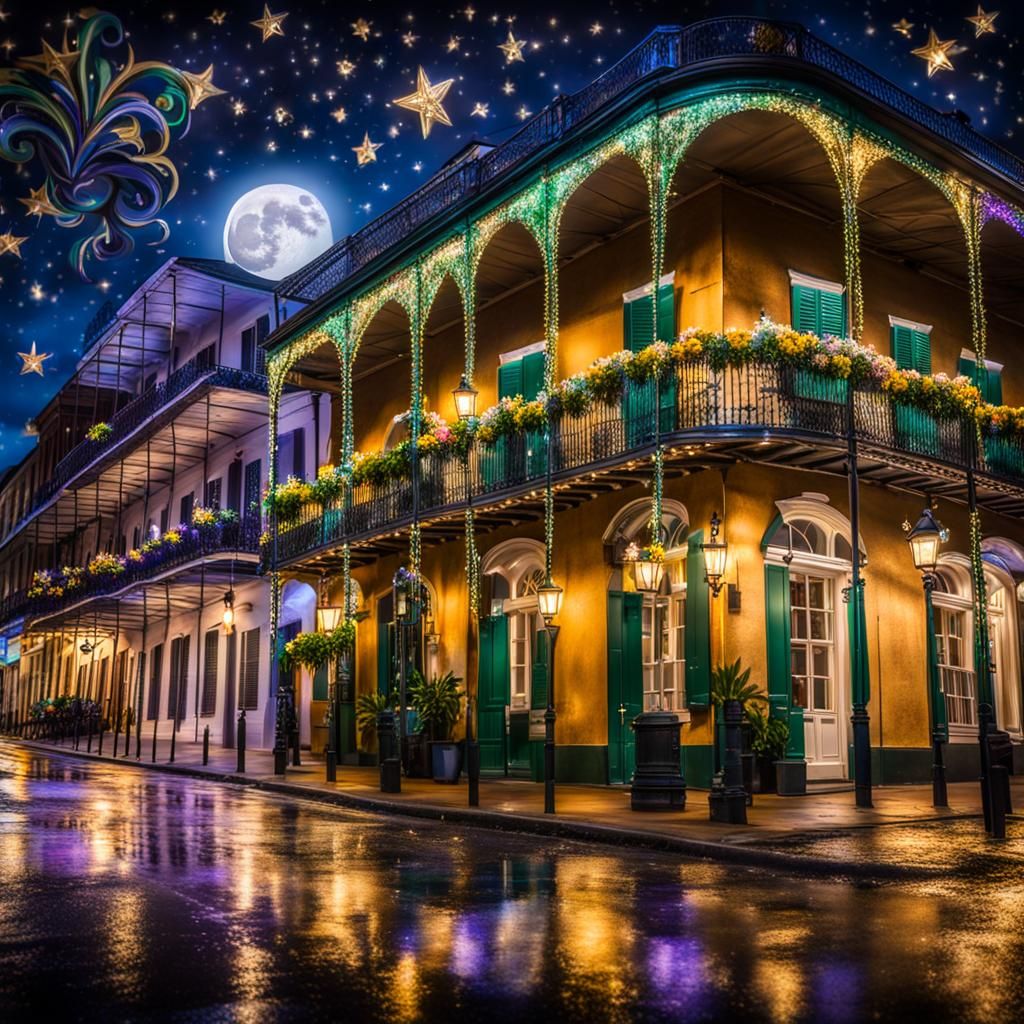 Nighttime Mardi Gras on Royal Street, New Orleans