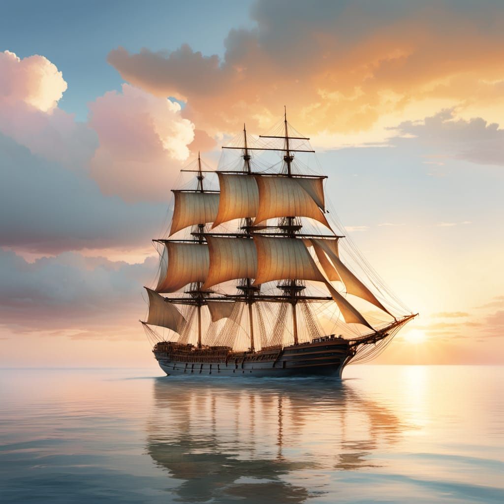 Majestic Ship Sails on Calm Ocean at Sunset in Watercolor St...