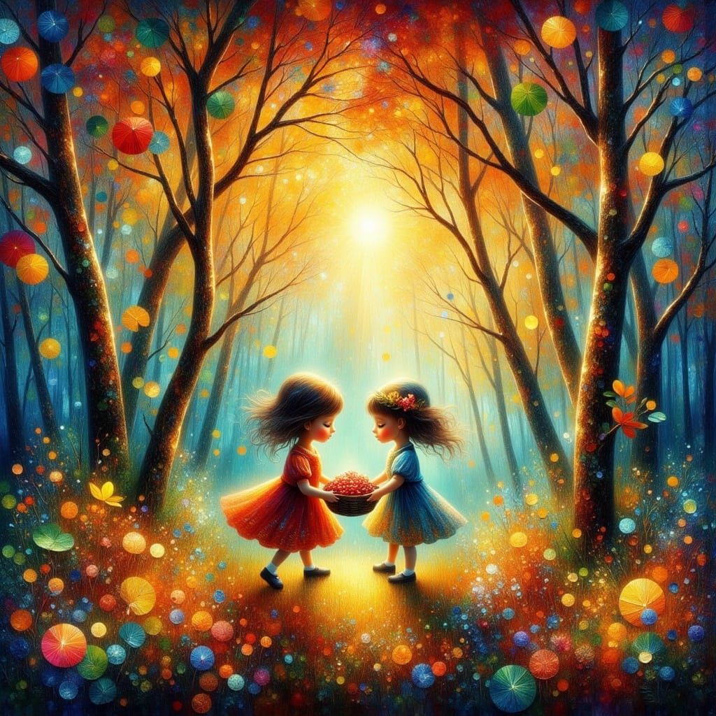Girl and Forest Spirit Share Glowing Berries in Whimsical Wa...