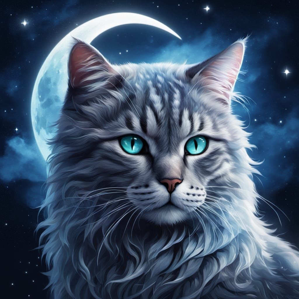 Glowing Cat on Crescent Moon in Starry Sky
