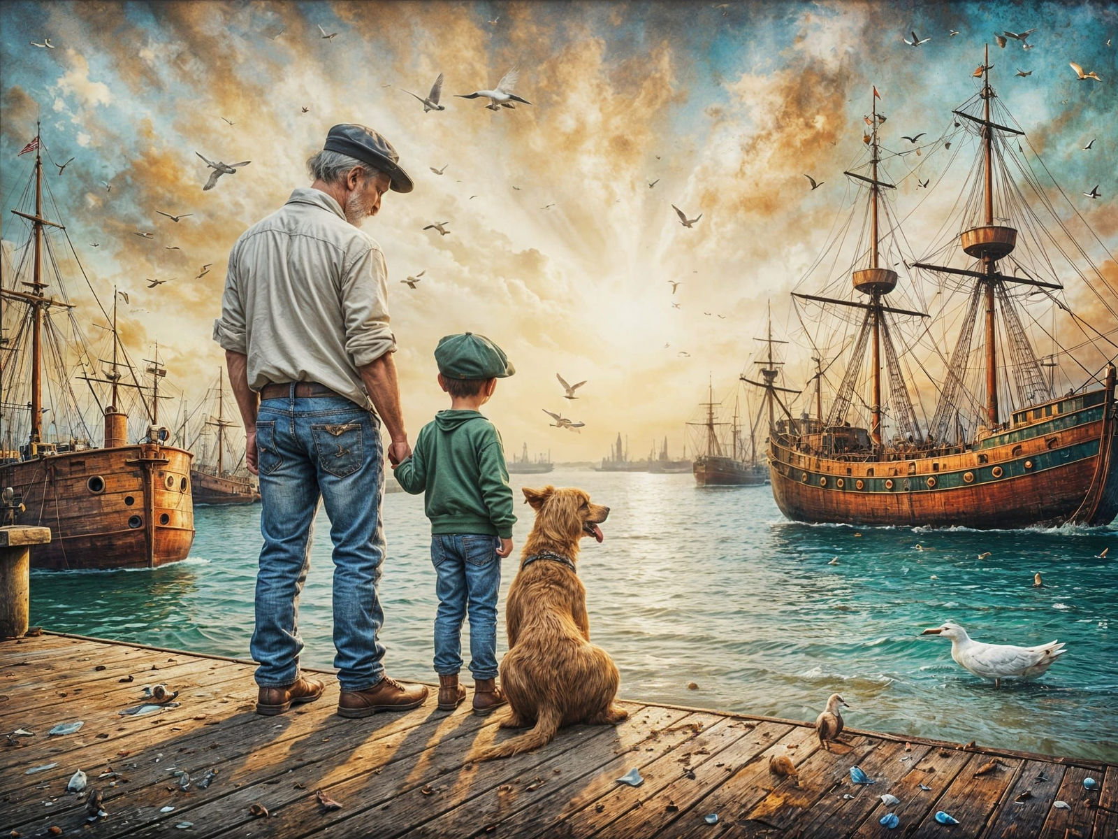 Grandfather, Grandson, and Dog on Dock in Watercolor