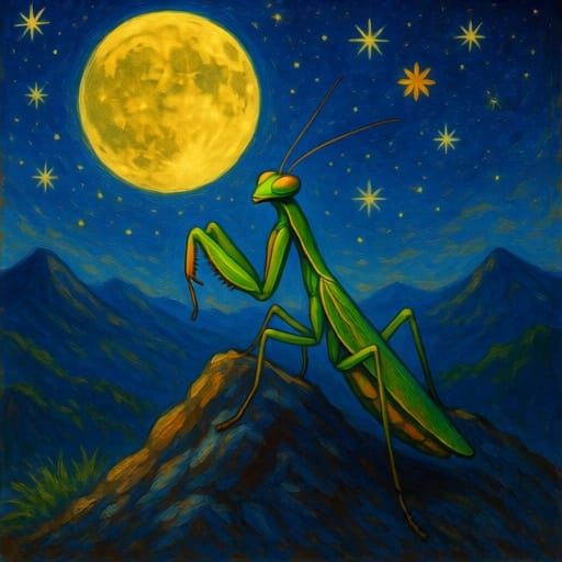 Mantis Contemplates Moon: Van Gogh-Style Landscape