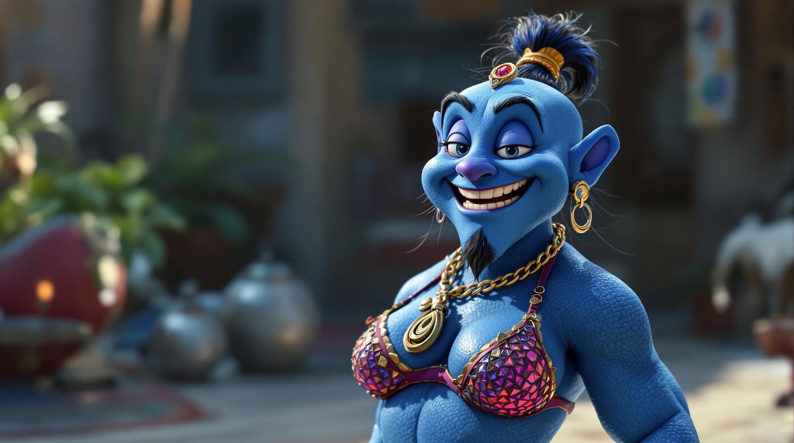 Vibrant Blue Genie in High Definition Bikini Art