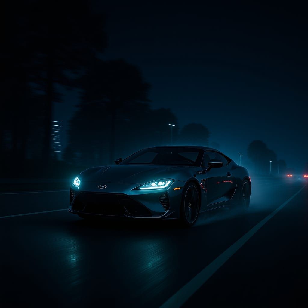 Sleek Car Speeding on Rainy Highway at Night