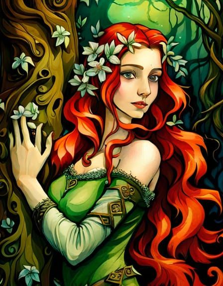 Red-Haired Dryad in Magical Forest, Gouache Style