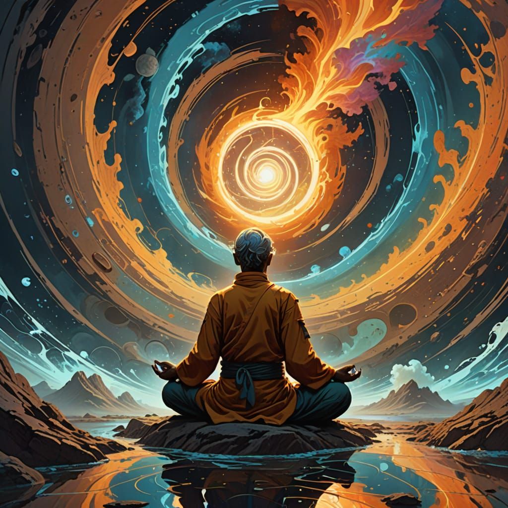 Meditating Character Finds Inner Peace in Chaotic Vortex