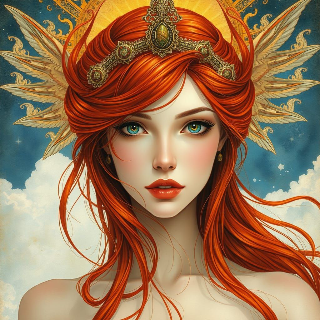 Celestial Woman with Fiery Hair, Art Nouveau Style