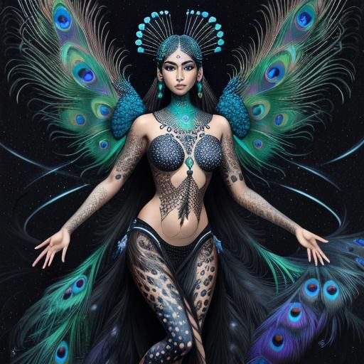 Cosmic Woman with Peacock Feathers in Astral Illustration