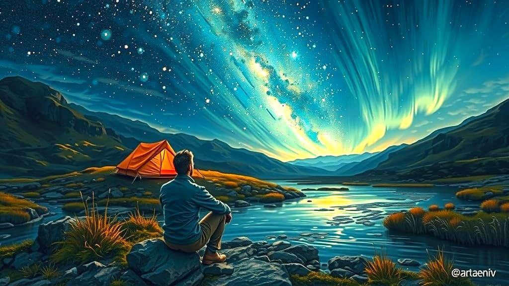 Cozy Camping Under Northern Lights Impasto Painting