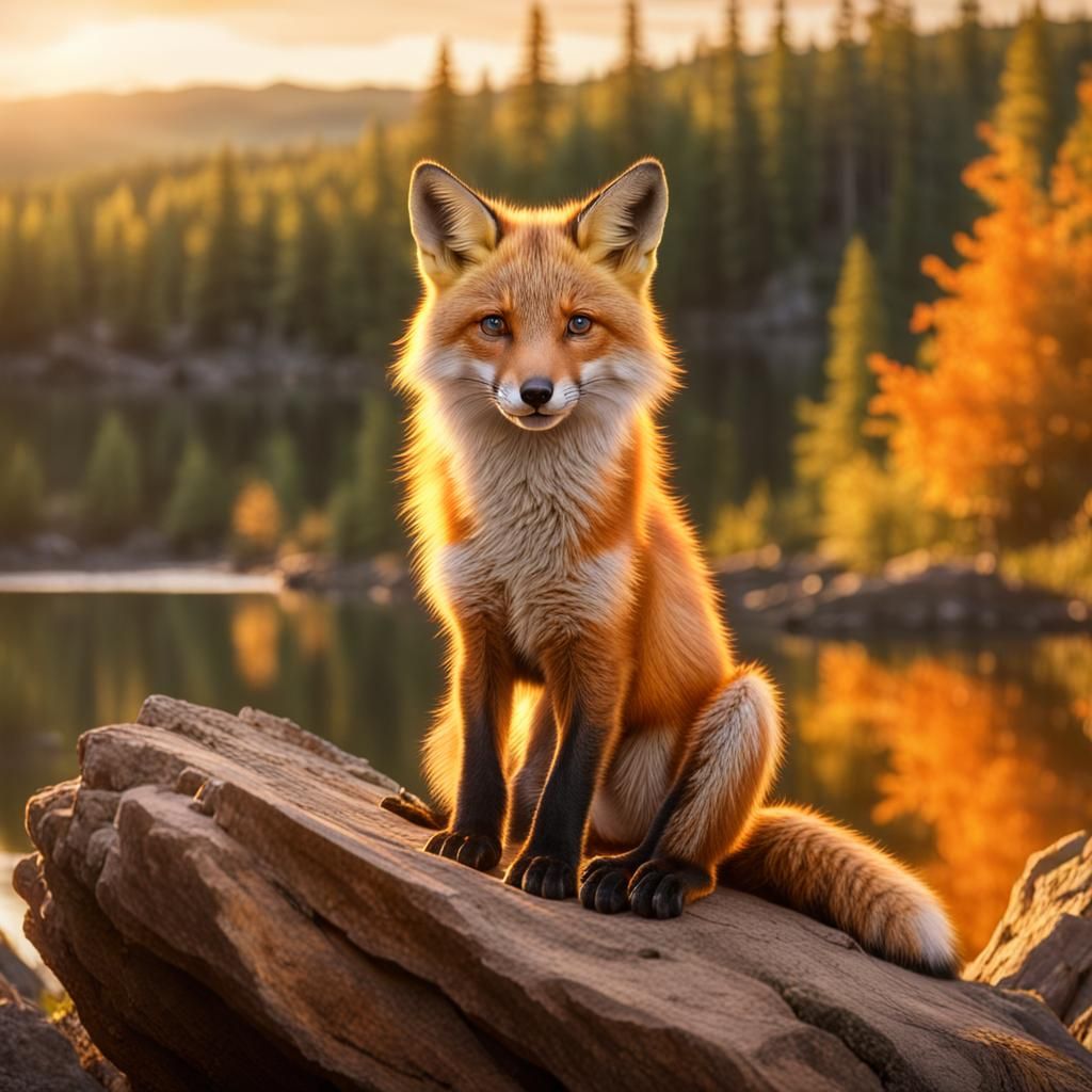 Ginger Fox Kit Overlooking Enchanted Forest River