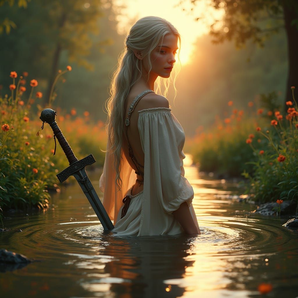 Serene Forest River Scene in Golden Light with Ciri