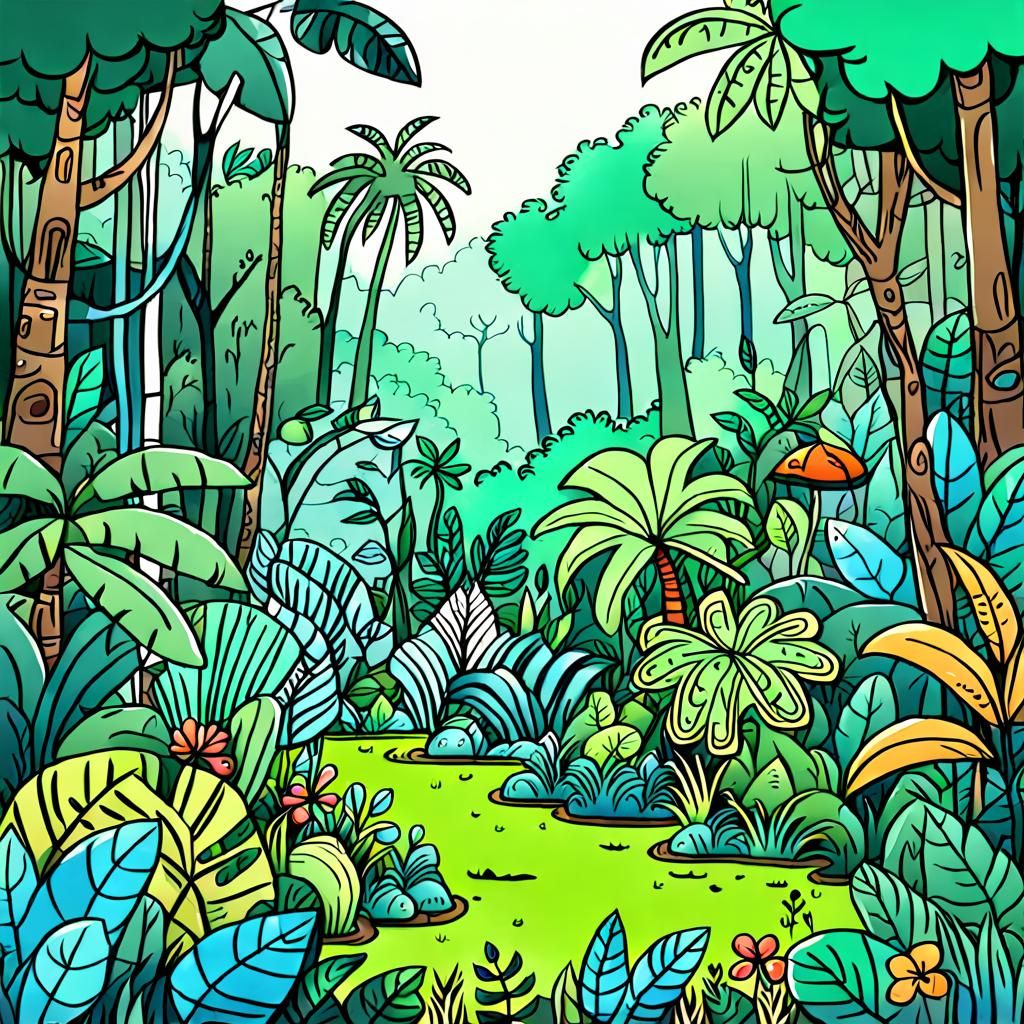 Doodle Drawing of a Vibrant Jungle Scene