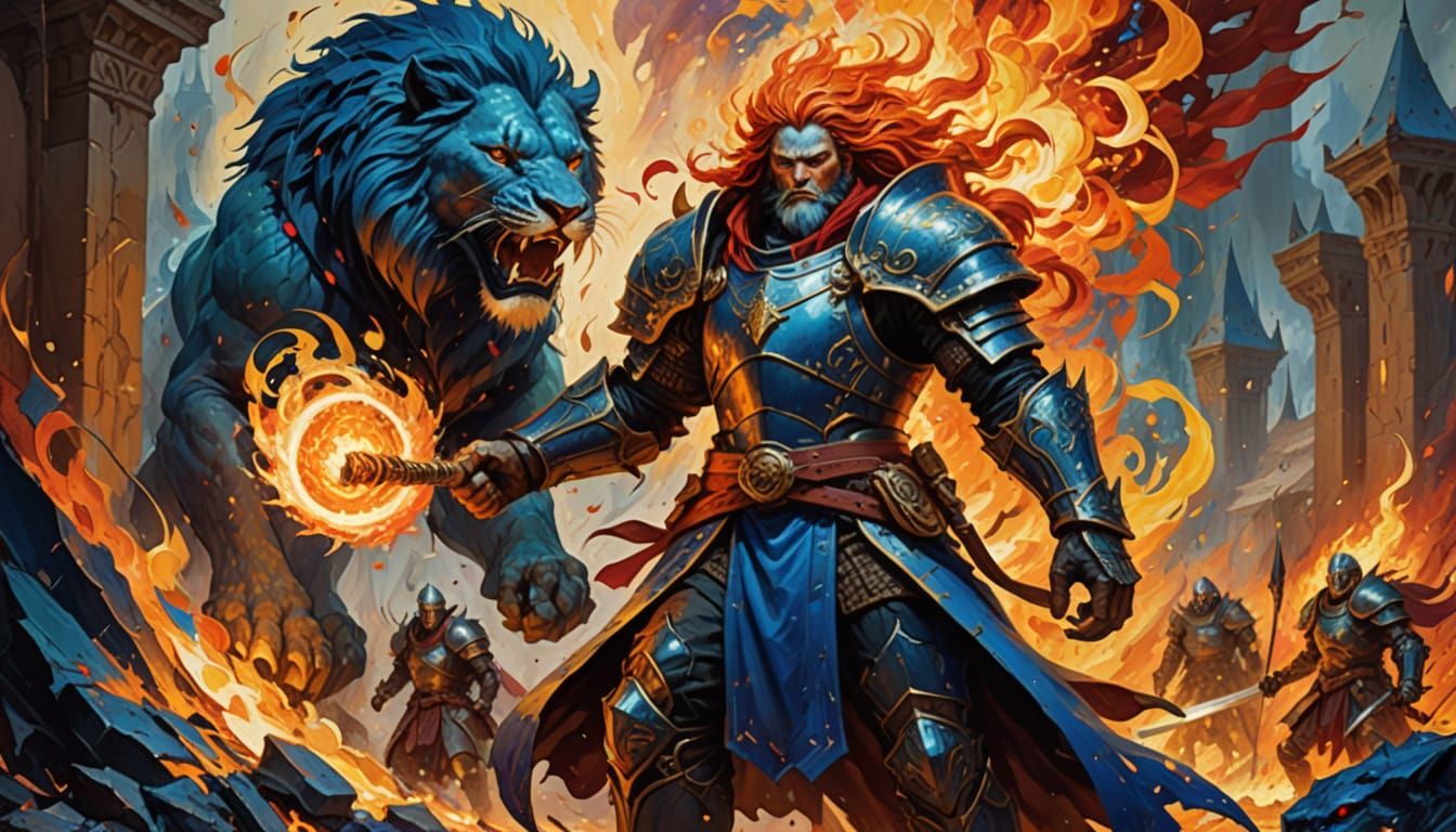 Triadic Colors Oil Painting of Blue Mage and Warrior Lion in...