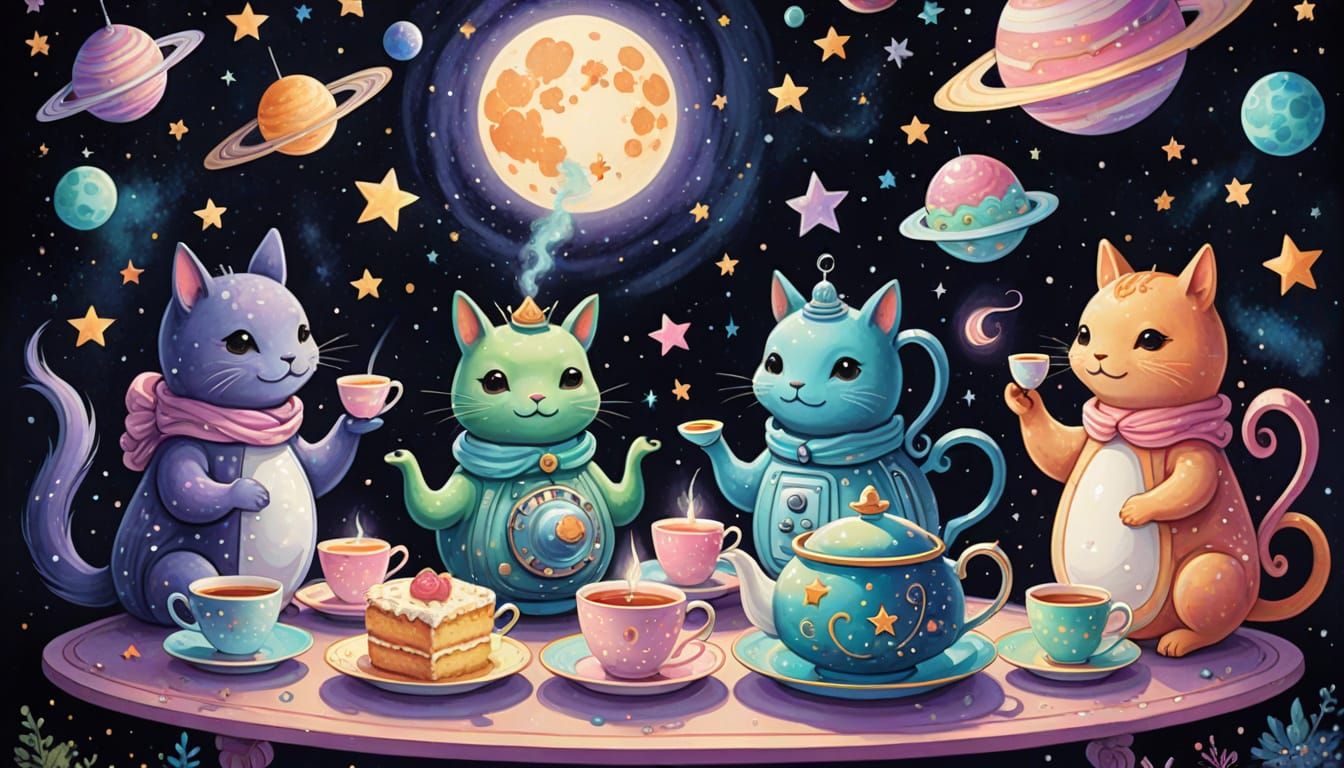 Whimsical Spacecore Illustration of Cosmic Tea Party